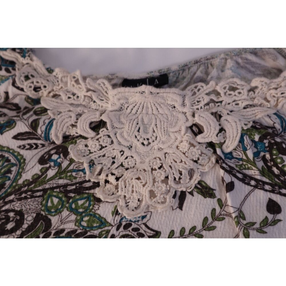 JKLA California Women's Floral Print Lace Trim Top Medium White & Green - Picture 4 of 8